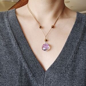 Handmade Dainty South American Purple Pink Pressed Dried Flower Tree Necklace